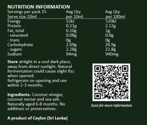 OCA250 Nutritional Information Organic Coconut Amino Sauce