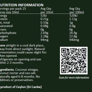 OCA250 Nutritional Information Organic Coconut Amino Sauce