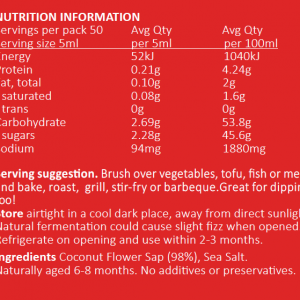 OCAG250 Nutritional Information Organic Coconut Amino Sauce